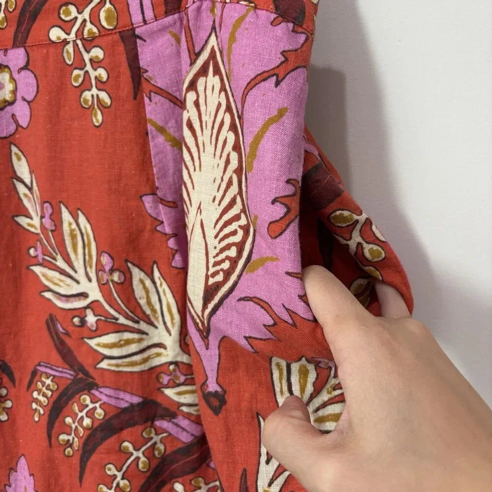 Sundance 100% Linen Pink Floral Midi Skirt P14 Pencil Paisley Lined Boho Beach